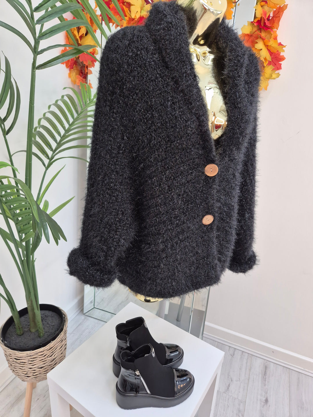 Finley Fluffy Cardigan  - Black (One Size - fits up to Size 14/16)