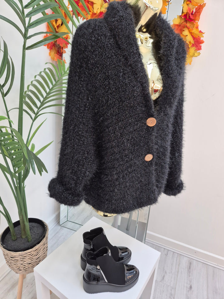 Finley Fluffy Cardigan  - Black (One Size - fits up to Size 14/16)