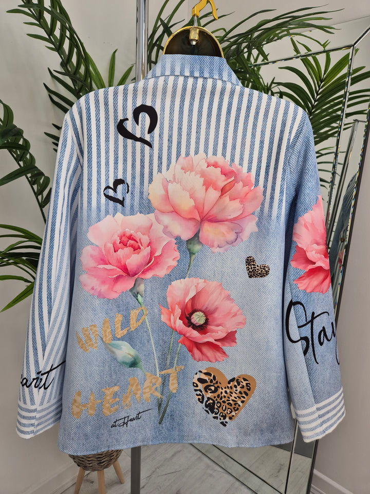 Pin Stripe Floral Blazer - Blue/White