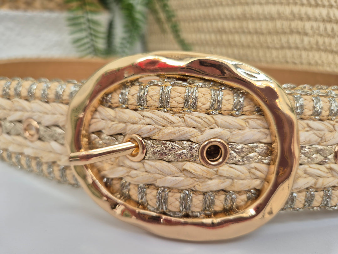 Woven Belt with Large Gold Buckle - Natural/Gold