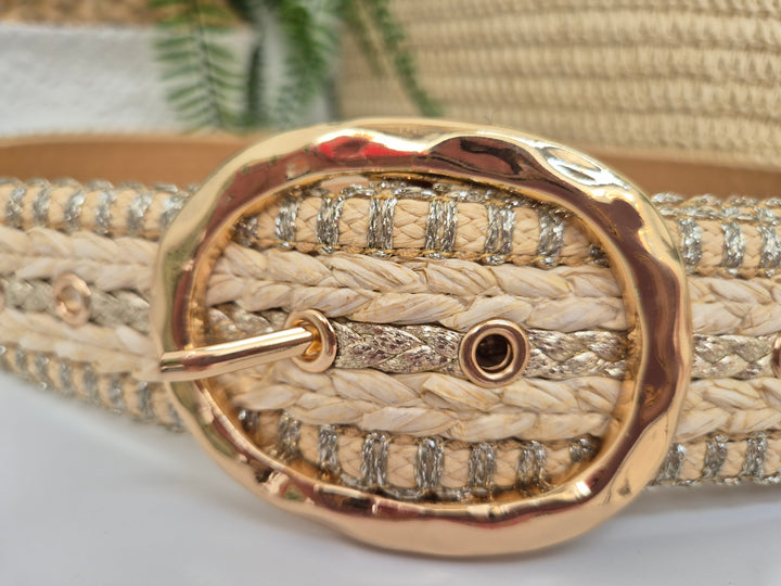 Woven Belt with Large Gold Buckle - Natural/Gold