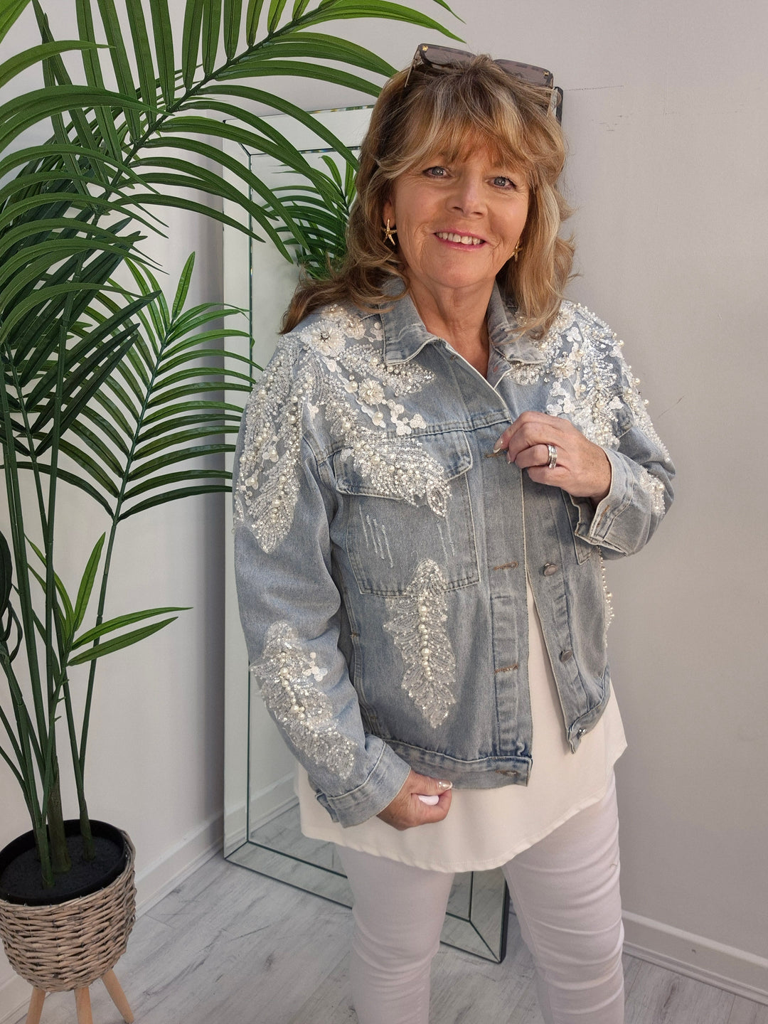 Angelica Crystal & Pearl Denim Jacket - Stonewashed (Oversized)