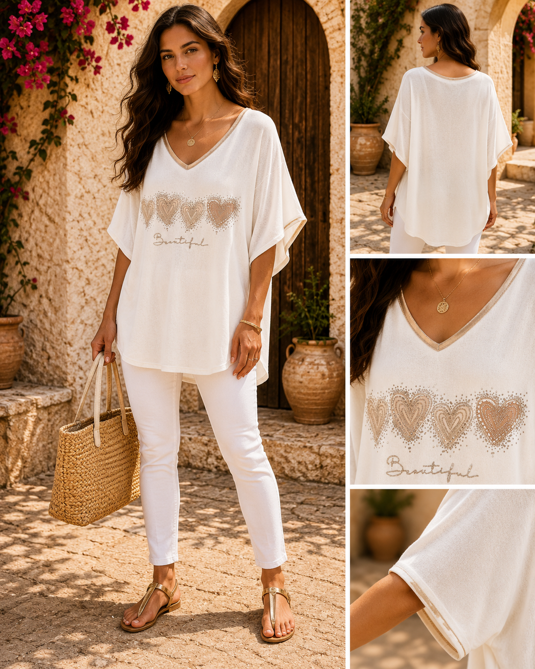 Hearts Top 'Beautiful' Oversized Top - (One Size, Size 12 up to Size 16) - White/Gold