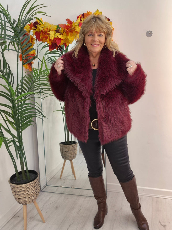 Oslo Faux Fur Shawl Collar Jacket - Wine (One Size/Curvy - fitting from Size 14 up to Size 18)