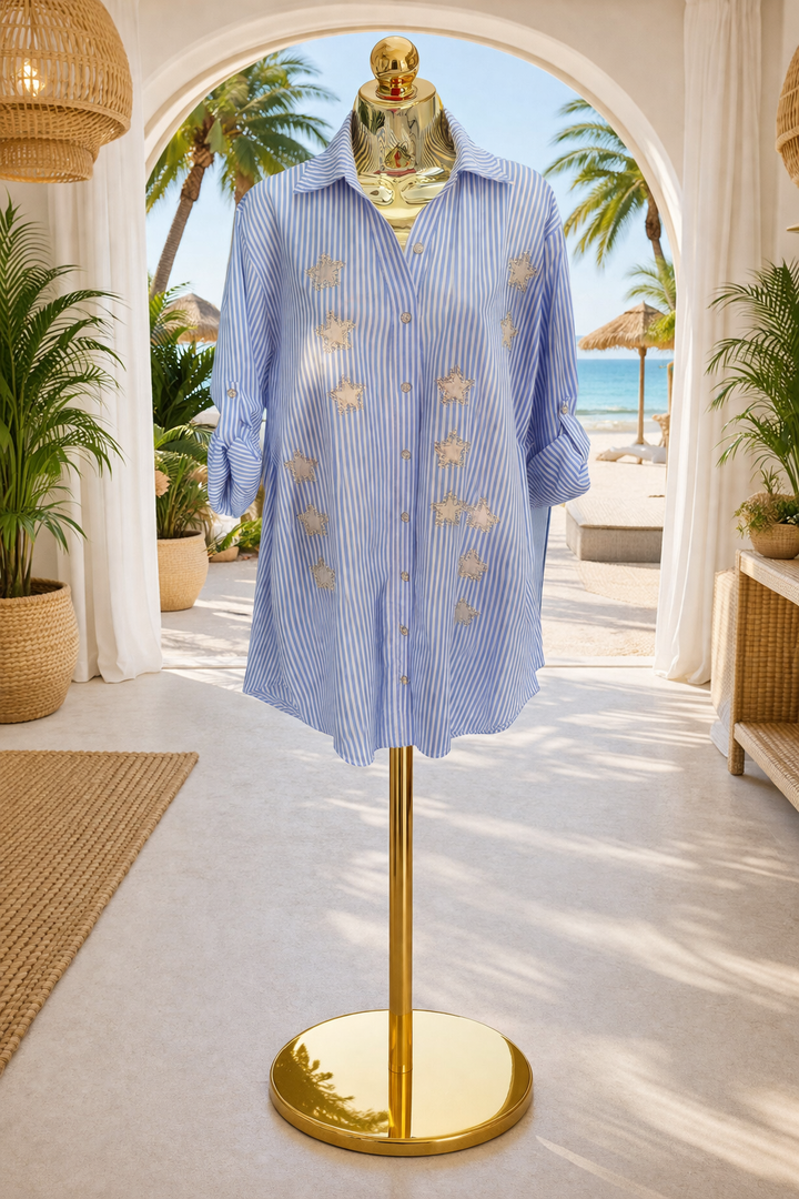 Stars Pin Stripe Oversized Shirt - (One Size/Curvy - fitting from Size 14 up to Size 20) Blue