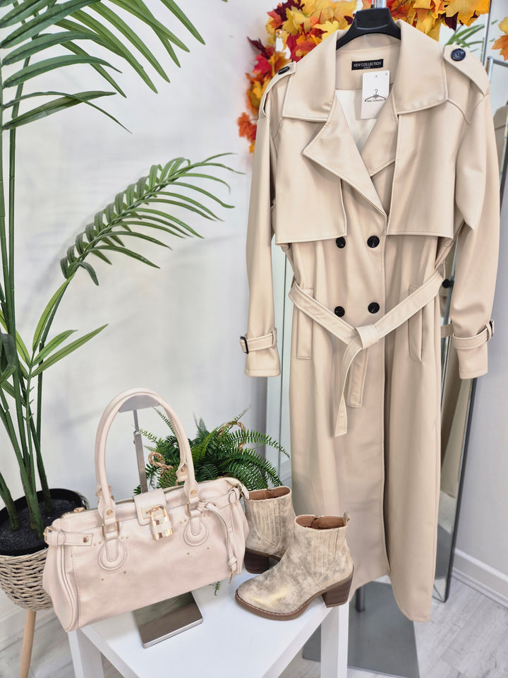 Sandringham PU Longline Trench Coat - Beige (One Size fits Size 10 up to Size 16)
