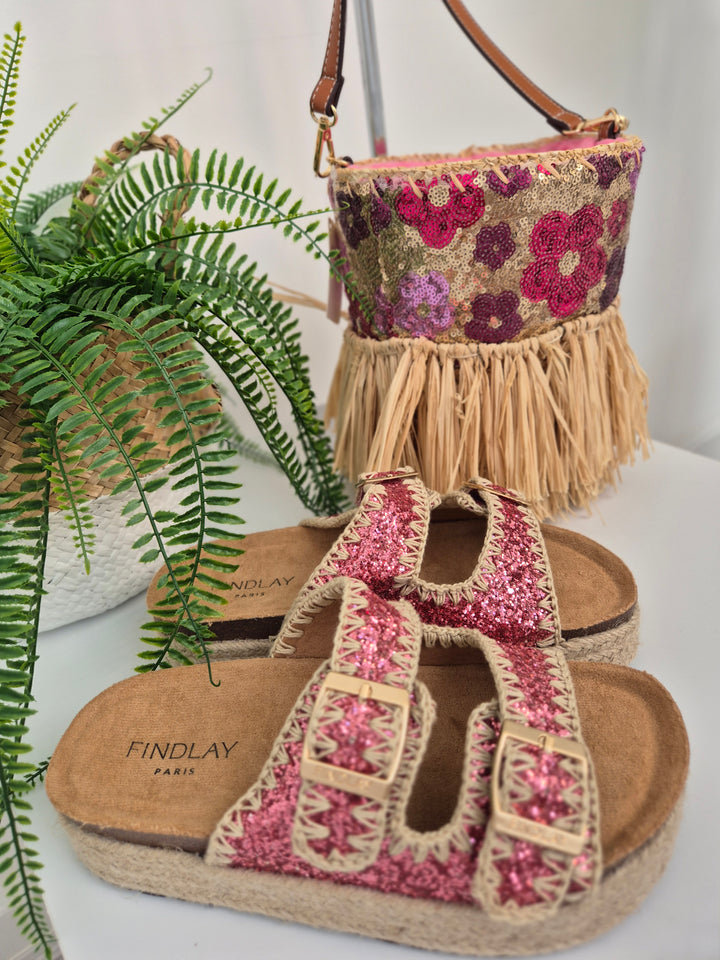 Sequin Straw Bag with Long Adjustable Strap - Pink Multi Sequins