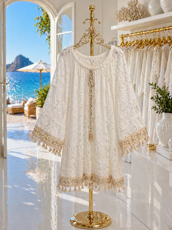 Marbella Bardot Beach Dress with Gold Sequins & Tassels (One Size/Curvy, fits from Size 14 up to Size 18) - White