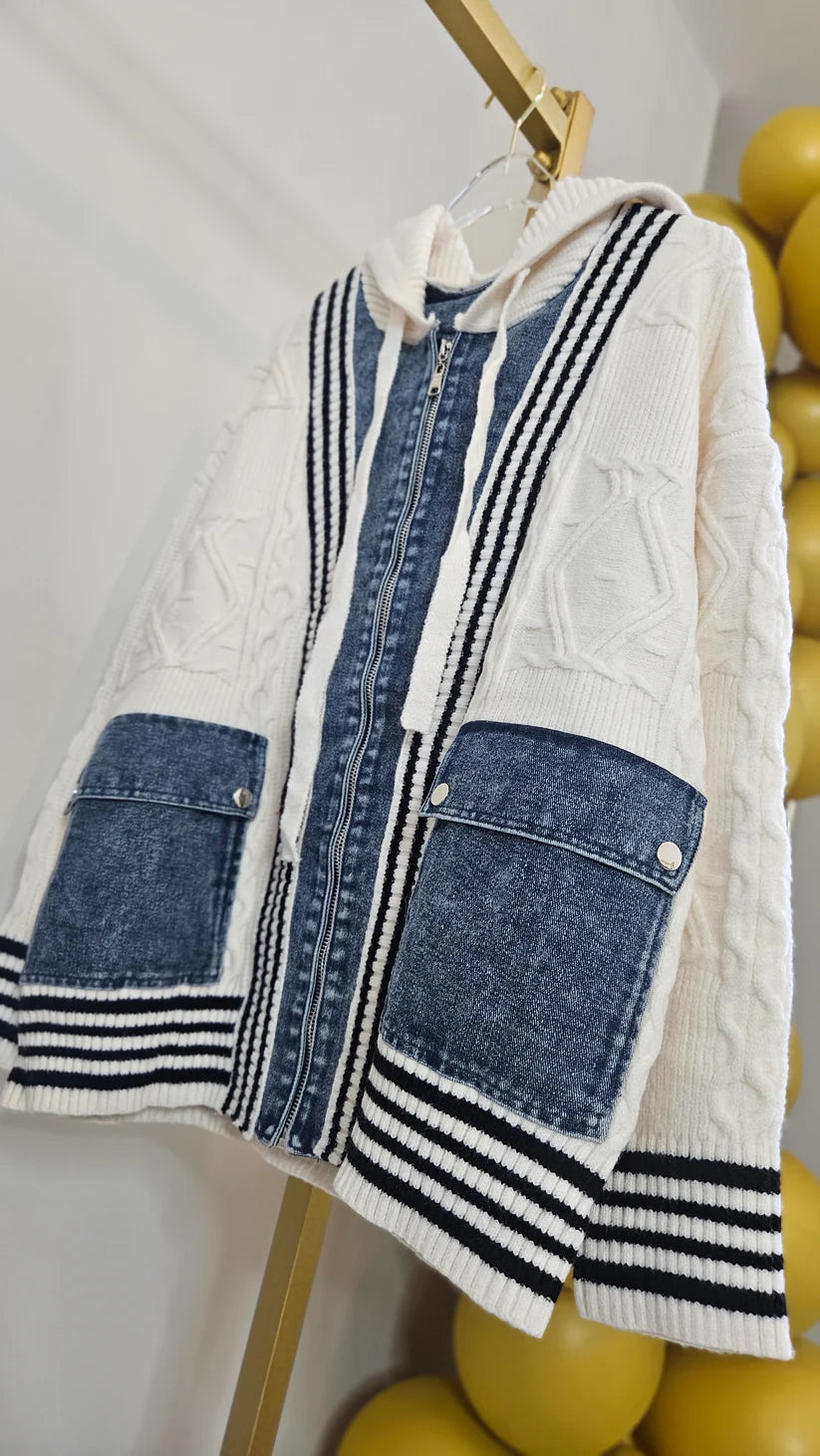 Callie Cable Hoodie with Denim - One Size - fits from Size 12 up to Size 18