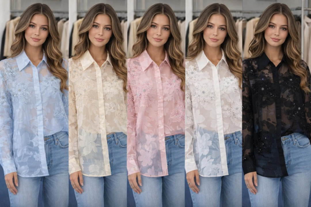 Valencia Ornate Blouse with Crystals & 3D Applique Sparkle - Stone (One Size, fits from Size 12 up to Size 16/Small Busted Size 18)