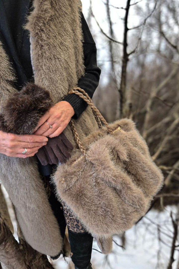 Oslo Faux Fur Bag with Dual Handles - Mocha (Large Size)