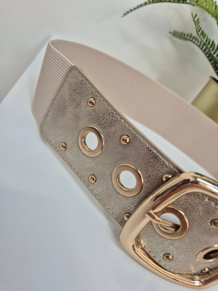 Stretchy Belt with Large Buckle - Gold/Beige