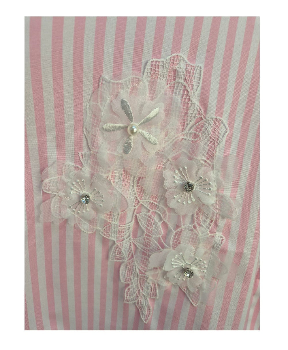 Penny Pinstripe Floral Applique Oversized Shirt - Pink/White (One Size/Curvy - fitting from Size 16 up to Size 20)