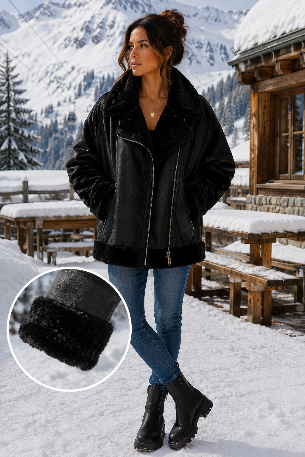 Oslo Aviator Jacket in Faux Fur/Faux Leather - Black (choose your Size)