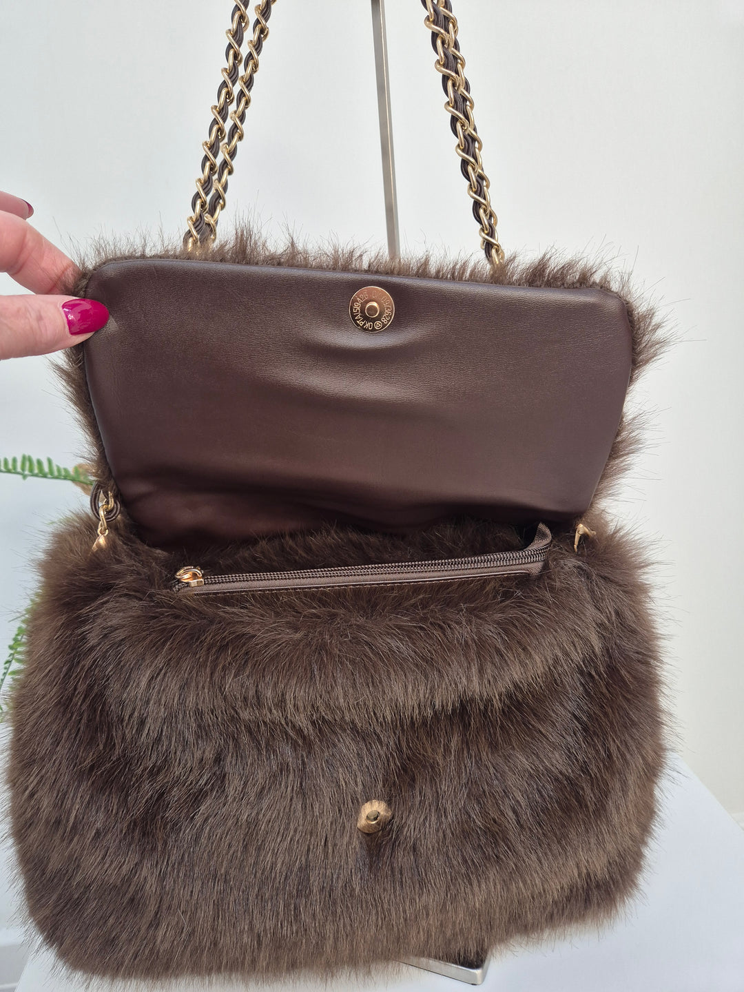Oslo Faux Fur Bag with Gold Chain Link Dual Handles - Chocolate