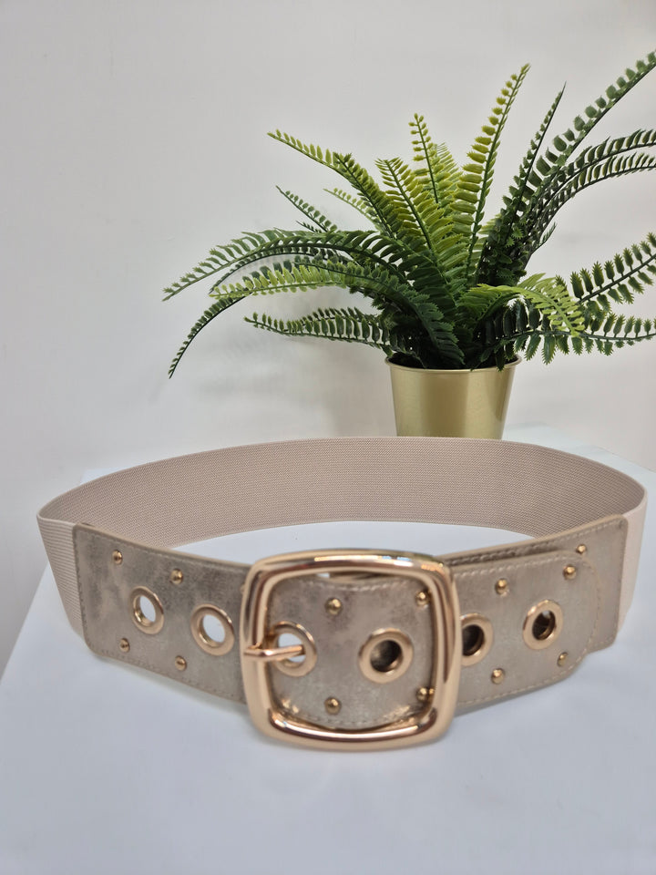 Stretchy Belt with Large Buckle - Gold/Beige