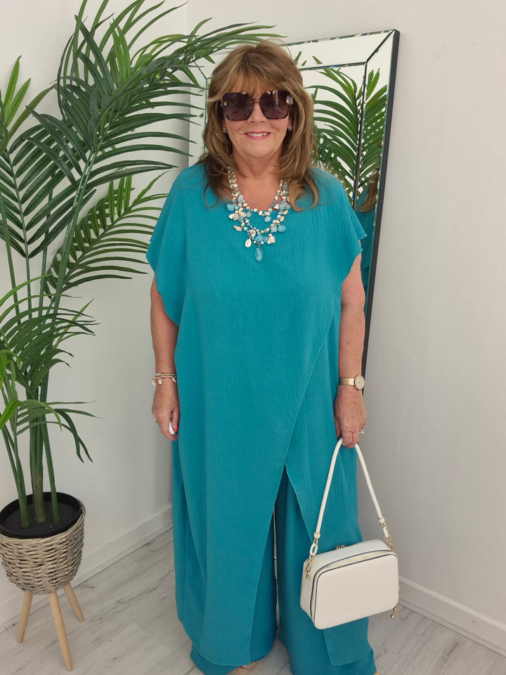 Sassi Crossover Longline Tunic & Wide Leg Pants Co-ord Set - (choose your Colour) - CURVY