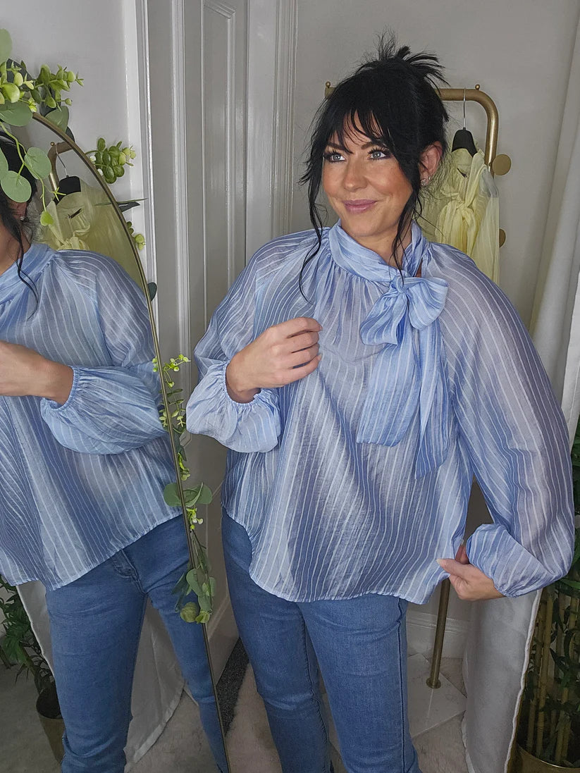 Tilly Tie Blouse - Blue - One Size (fitting Size 10 up to Size 16)