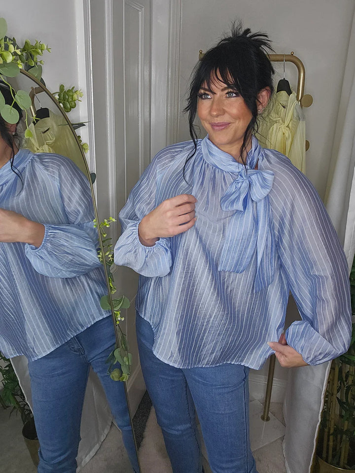 Tilly Tie Blouse - Blue - One Size (fitting Size 10 up to Size 16)