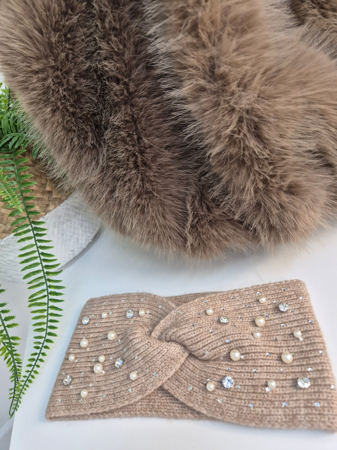 Sparkly Pearl & Crystal Headband - Mocha