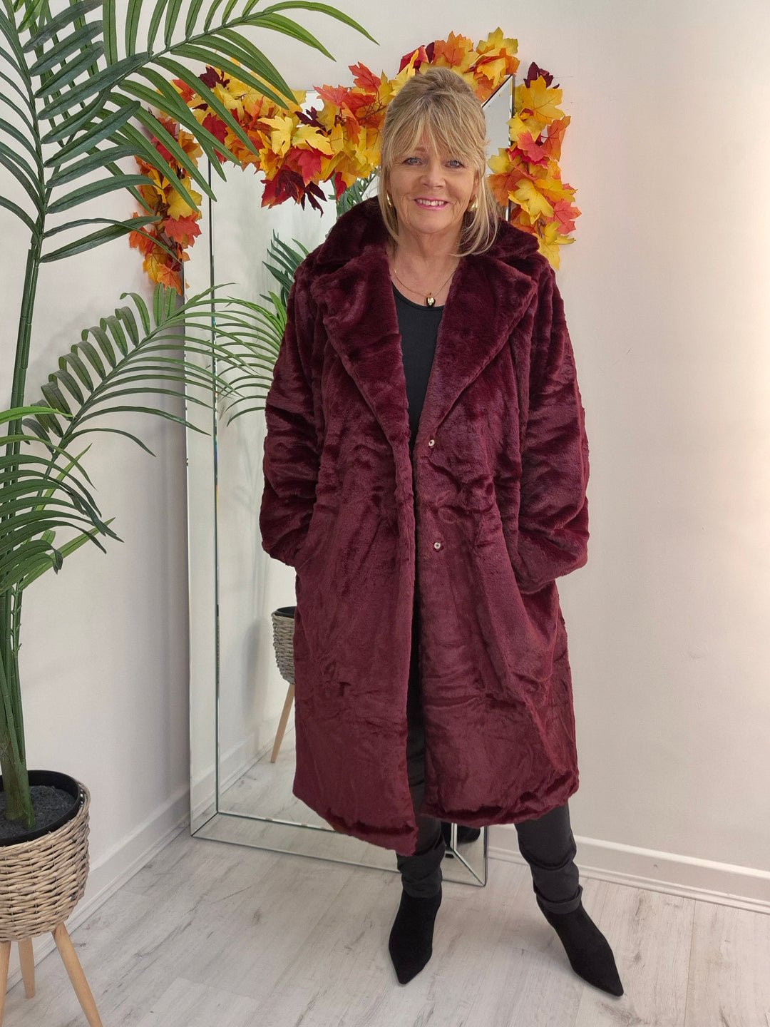 Oslo Faux Fur Longline Coat - Wine (choose your Size)
