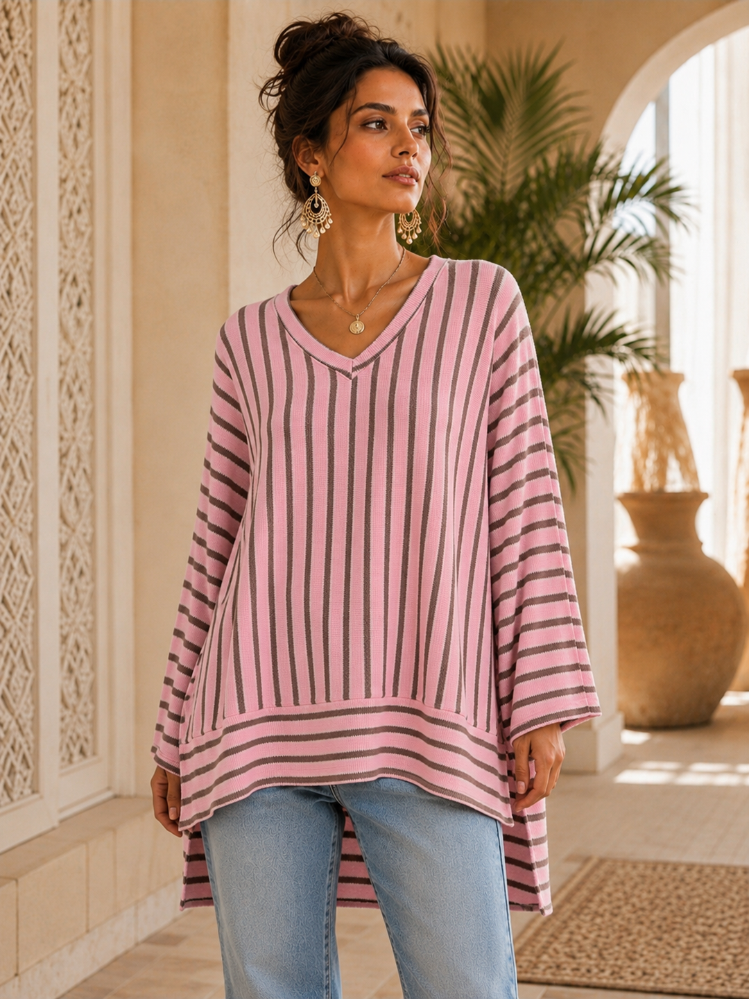 Emily Striped Fine Knit Top with Hi Lo Hemline - (Oversized/Curvy - fits Size 16 to Size 20) - Pink/Chocolate