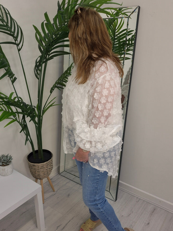 Alba Daisy Double Fluted Sleeve Blouse - White (Oversized)