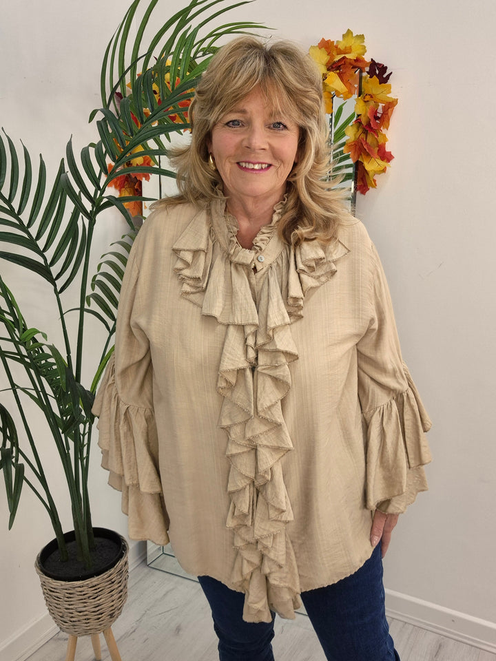 Rhea Ruffle Blouse - (One Size, fits from Size 14 up to Size 18/20) - Champagne