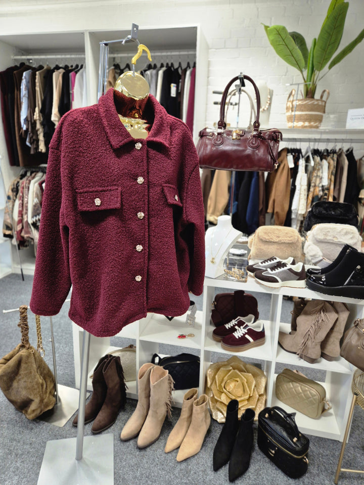 Betty Boucle Jacket with Gold Buttons - Wine (One Size/Curvy - fits Size 12 to Size 18)