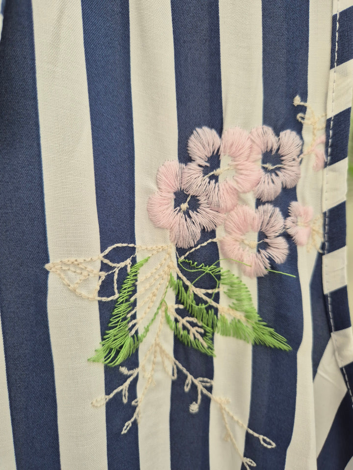 Seville Sleeveless Frilled Hem Dress - (One Size, fitting up to Size 16) - Floral Navy Blue/White Stripes