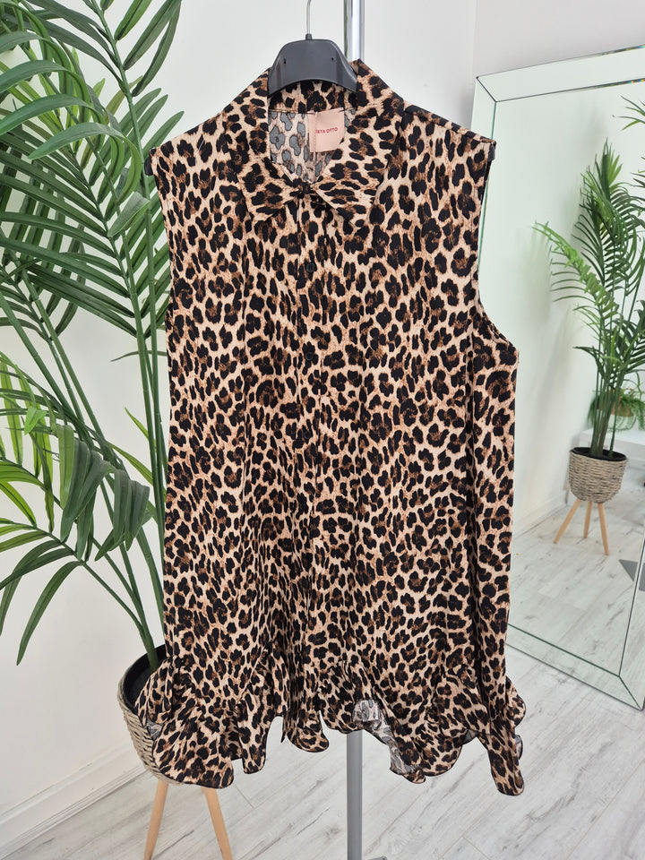 Seville Sleeveless Frilled Hem Dress - (One Size, fitting up to Size 16) - Leopard Print