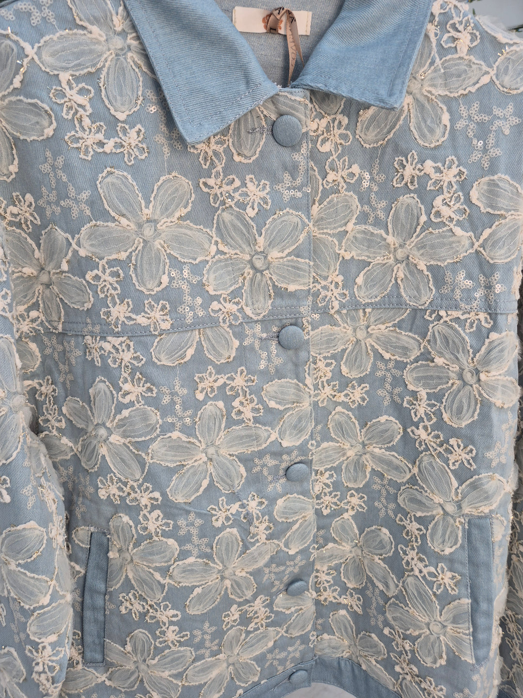 Darcy Denim Jacket - Applique Florals/Gold Metallic (One Size/Curvy, fitting from Size 14 up to 18)