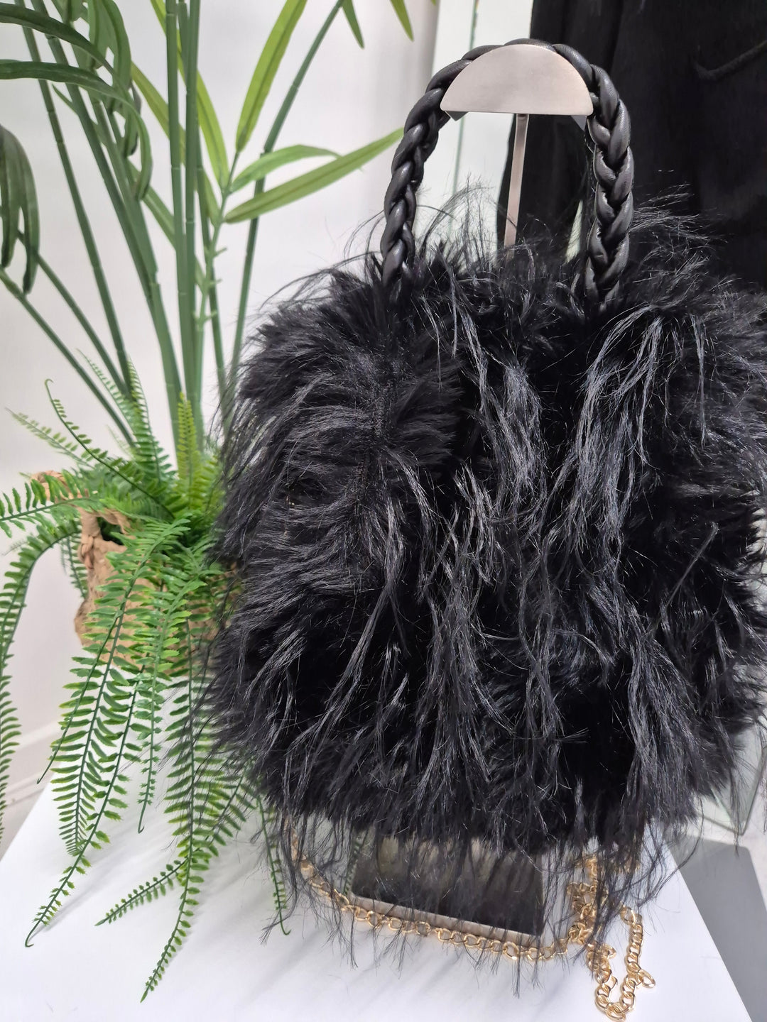 Oslo Faux Fur Shaggy Bag with Dual Handles & Chain Strap - Jet Black