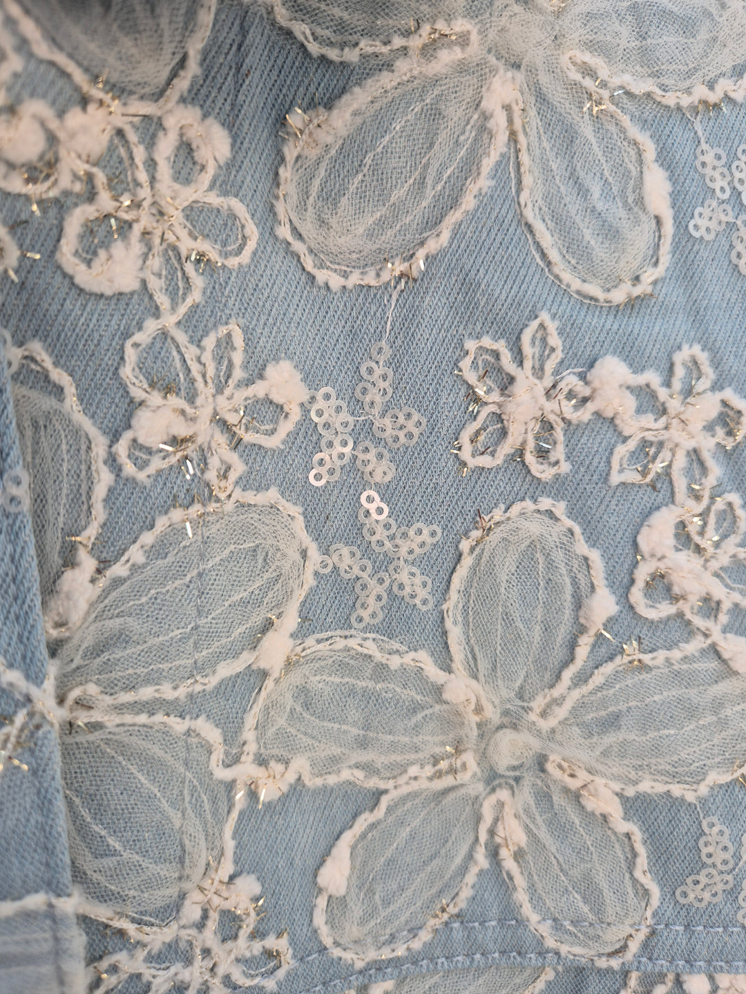 Darcy Denim Jacket - Applique Florals/Gold Metallic (One Size/Curvy, fitting from Size 14 up to 18)