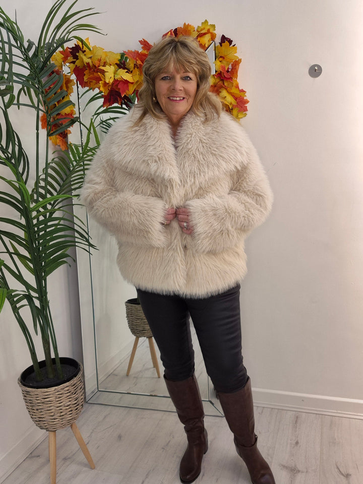 Oslo Faux Fur Shawl Collar Jacket - Creamy Stone (One Size/Curvy - fitting from Size 14 up to Size 18)
