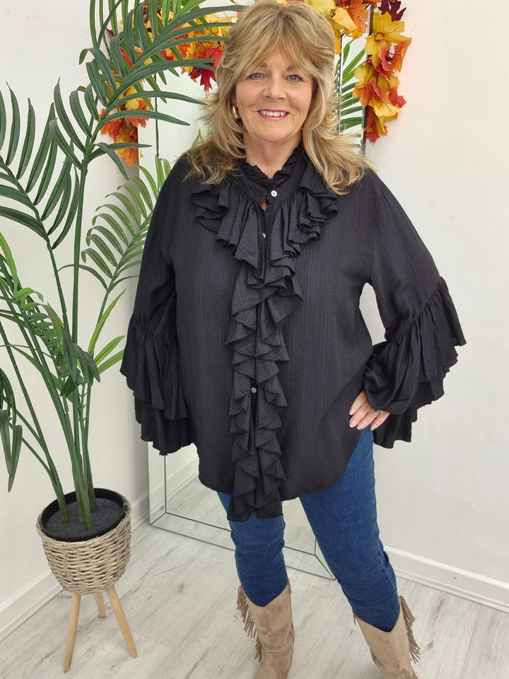 Rhea Ruffle Blouse - (One Size, fits from Size 14 up to Size 18/20) - Black