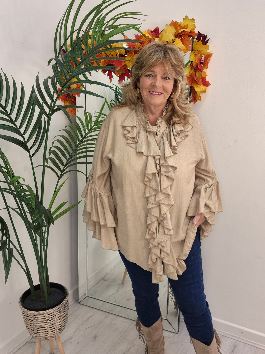 Rhea Ruffle Blouse - (One Size, fits from Size 14 up to Size 18/20) - Champagne