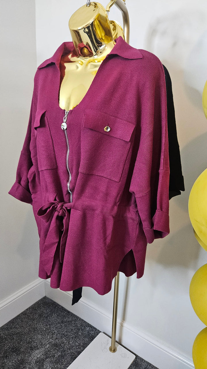 Danni Drawstring Cardigan - Wine - (One Size/Curvy - fits up to Size 18/20)
