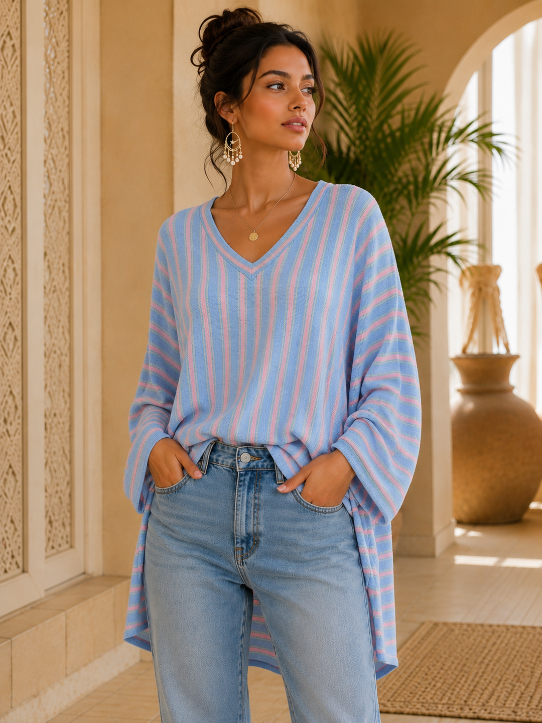 Emily Striped Fine Knit Top with Hi Lo Hemline - (Oversized/Curvy - fits Size 16 to Size 20) - Blue/Pink