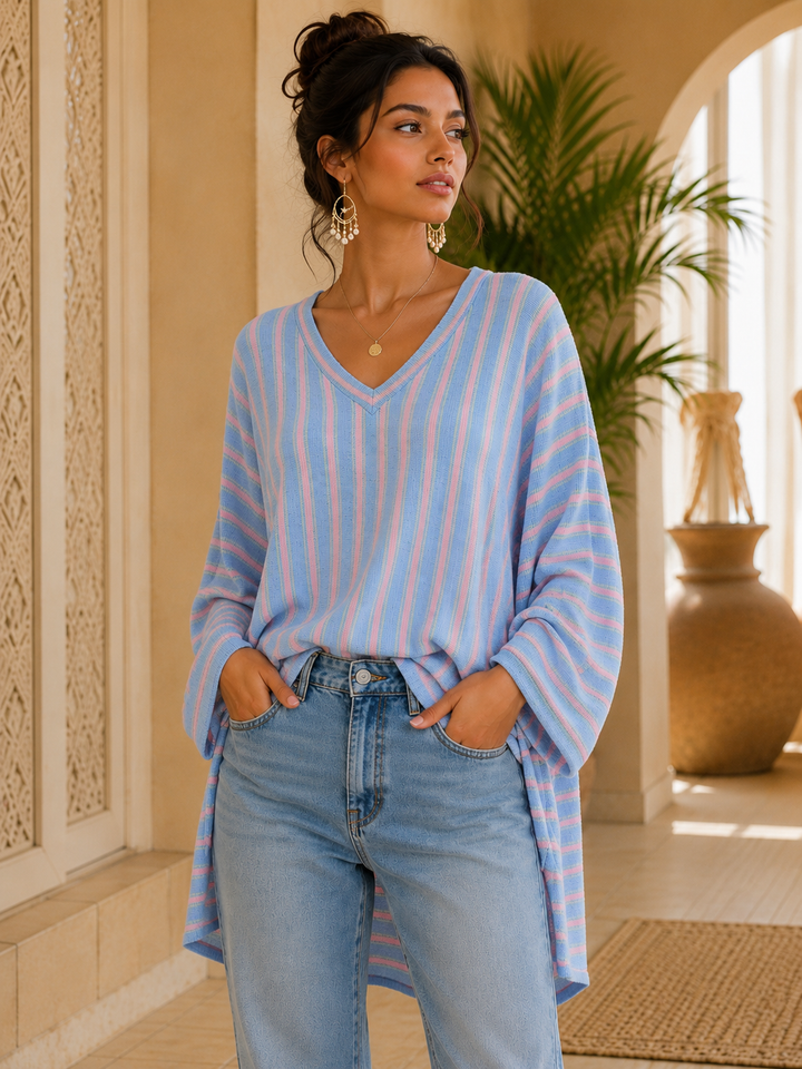 Emily Striped Fine Knit Top with Hi Lo Hemline - (Oversized/Curvy - fits Size 16 to Size 20) - Blue/Pink
