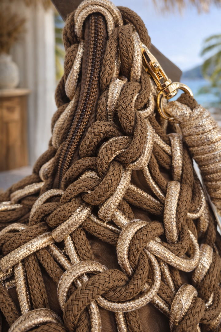 Marbella Gold Metallic Rope Bag - Chocolate/Gold