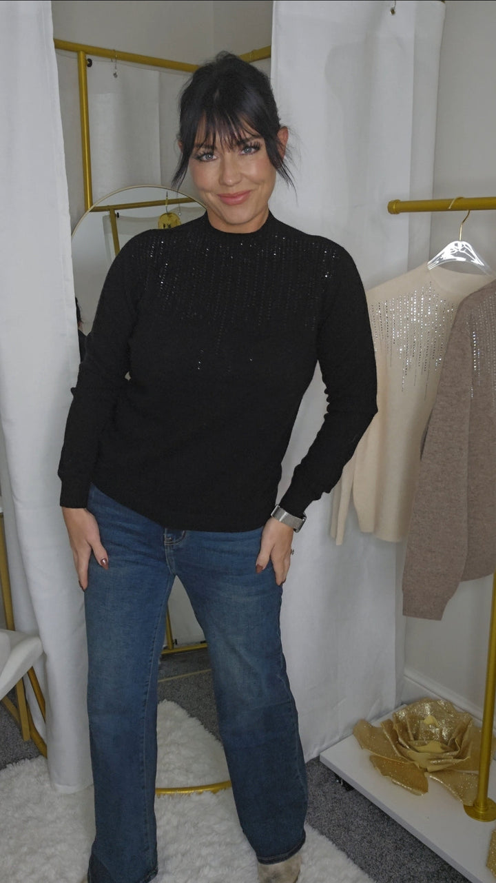 Krystle Diamante High Neck Jumper - Black (One Size, fits from Size 8 up to Size 14)