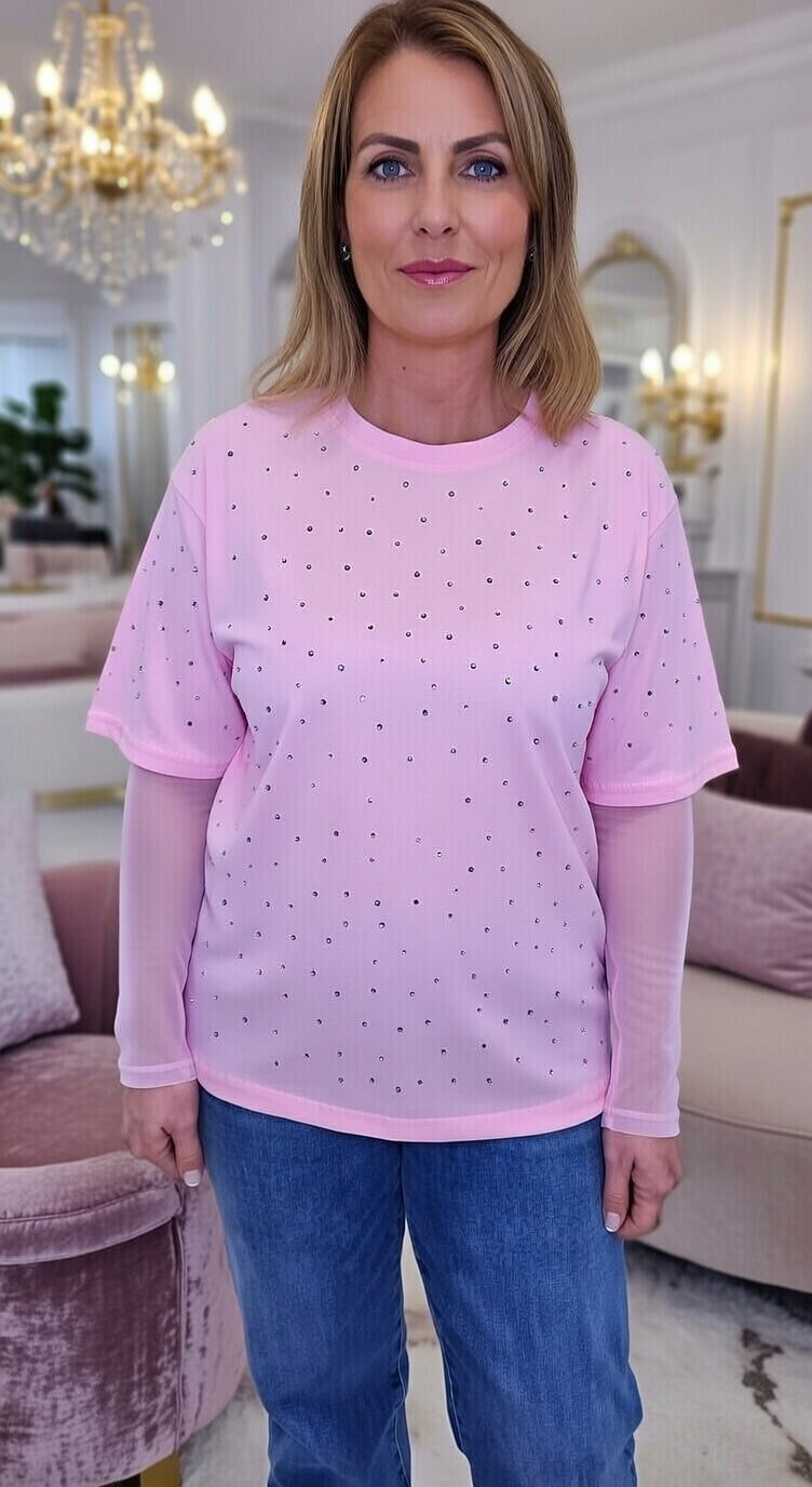 Crystal Mesh Sleeve Tee Shirt - Pink (Copy)