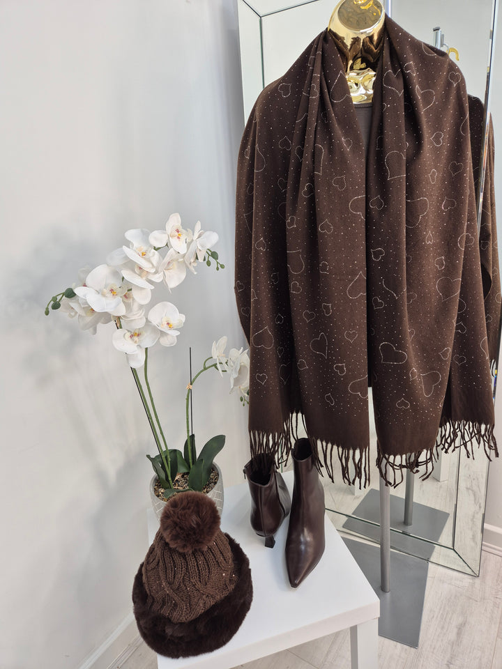 Sparkly Hearts Oversized Fringed Scarf - Chocolate