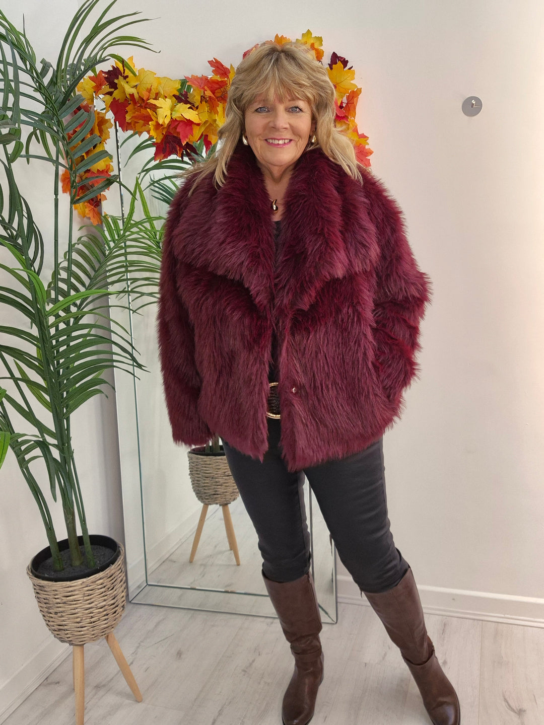 Oslo Faux Fur Shawl Collar Jacket - Wine (One Size/Curvy - fitting from Size 14 up to Size 18)
