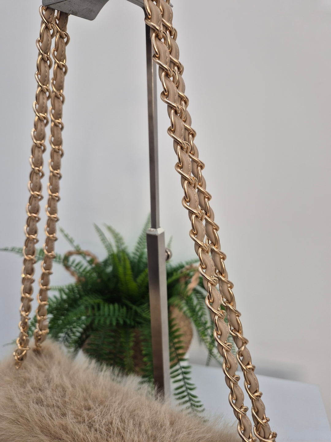 Oslo Faux Fur Bag with Gold Chain Link Dual Handles - Creamy Beige