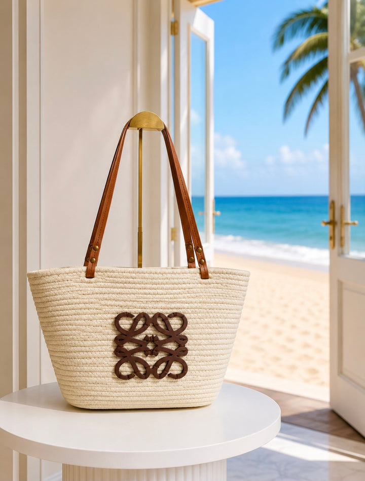 Summer Bag Natural/Tan with Dual Faux Leather Handles