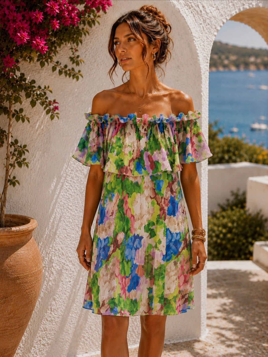 Bernie Bardot Pleated Floral Dress (choose your Size) - Lime Multi