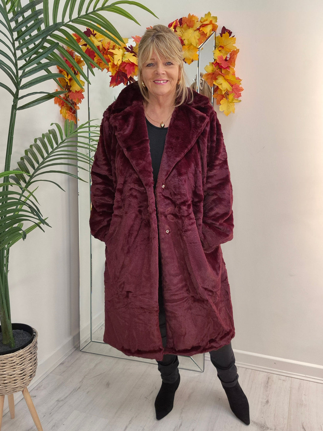 Oslo Faux Fur Longline Coat - Wine (choose your Size)