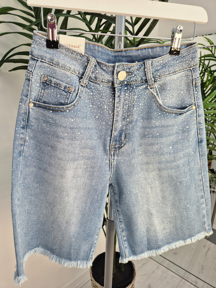 Crystal Diamantes Denim Stretchy Frayed Shorts (G Smack) - Stonewashed Denim - (choose your Size)